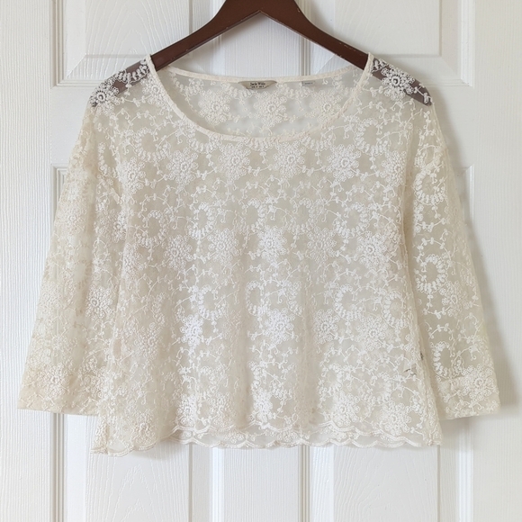 Jack Wills Boho Chic Sheer Floral Lace Cropped Half Sleeve Round Neck Top Cream - Picture 1 of 11